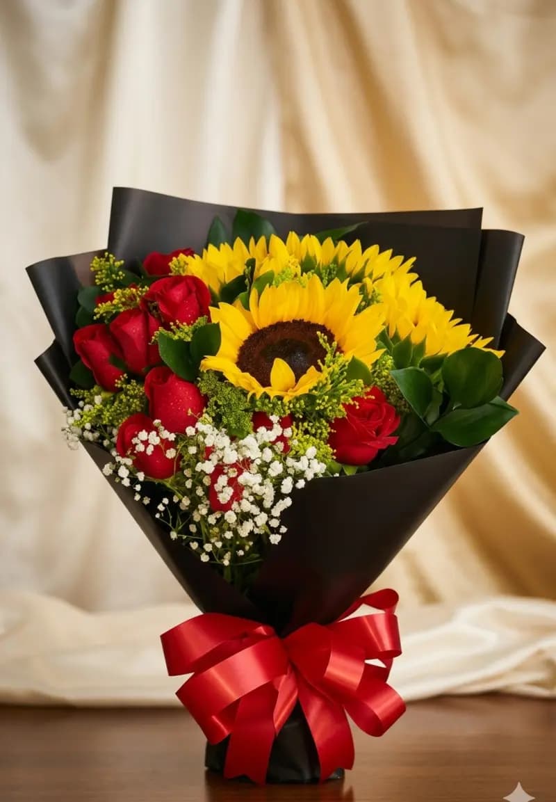 Ramo de girasoles con rosas rojas envuelto en papel negro con lazo rojo